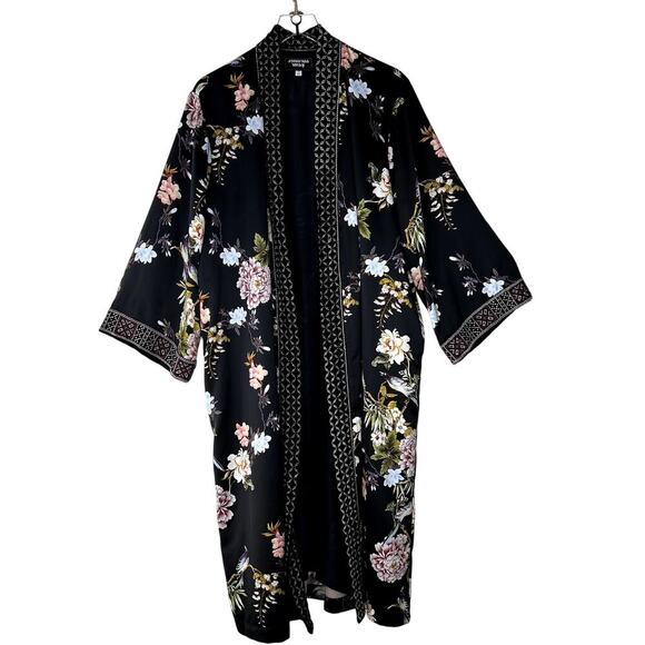Johnny Was Floral Satin Duster Kimono Cardigan Jacket Velvet Trim XL Black - Picture 1 of 5